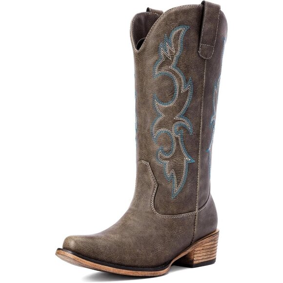 🆕Women Dark BrownFaux Leather Snip Toe Chunky Heel Embroidered Western Boot - Picture 5 of 6